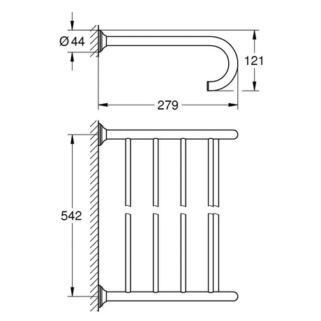 Barre porte-serviettes Grohe, accessoire salle de bain, chrome, dimensions indiquées