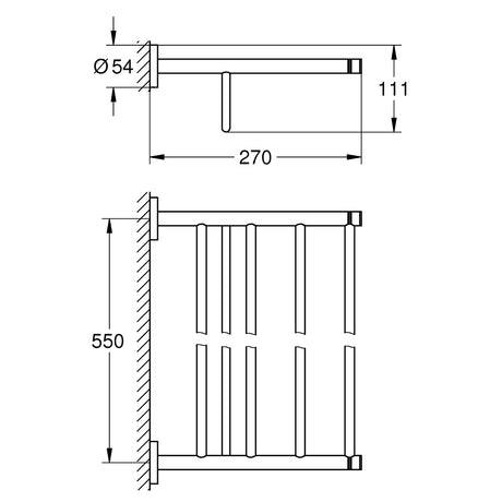 porte-serviettes Grohe, accessoire salle de bain mural chromé, schéma dimensions