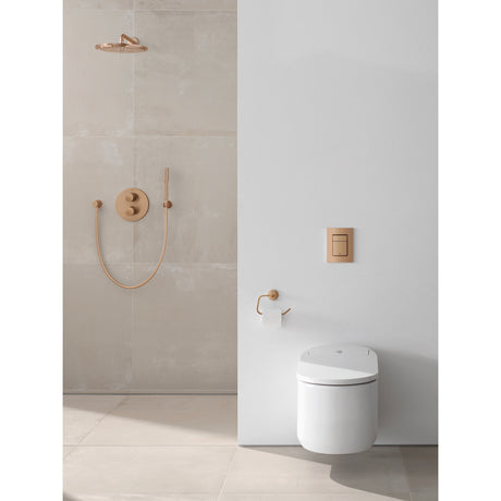 Douche et WC suspendu Grohe finition or brossé, design moderne, accessoires assortis.
