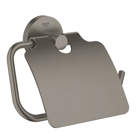 Porte-papier toilette Grohe en acier inoxydable gris brossé, accessoire mural moderne.