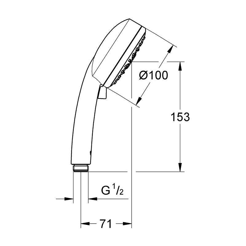 Douchette Grohe, type pommeau de douche, couleur chromée, schéma avec dimensions.
