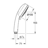 Douchette Grohe, type pommeau de douche, couleur chromée, schéma avec dimensions.