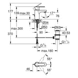 Plan technique mitigeur Grohe, robinet lavabo chromé avec dimensions détaillées.