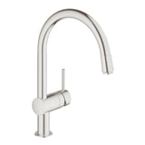 Mitigeur évier Grohe, robinet cuisine en inox finition brossée, design moderne.