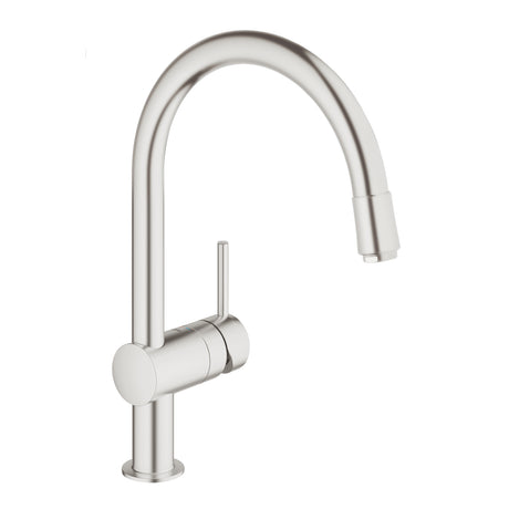 Mitigeur évier Grohe, robinet cuisine en inox finition brossée, design moderne.