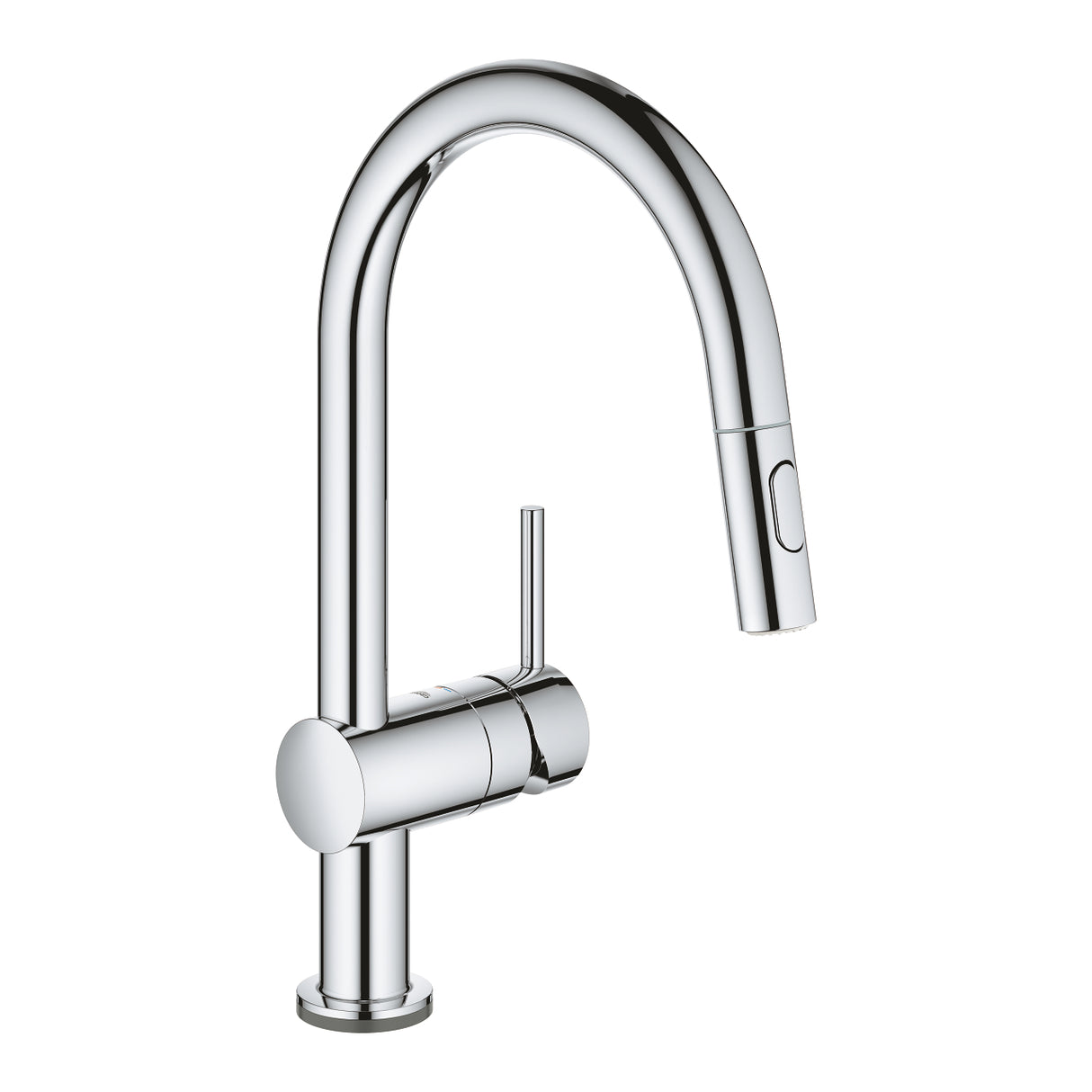 Mitigeur de cuisine Grohe, robinet chromé, design moderne, couleur argentée.
