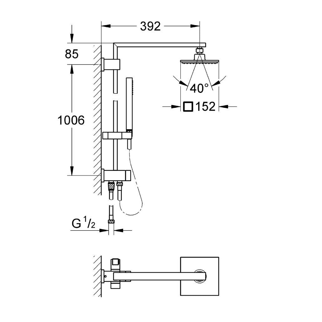 Schéma colonne de douche Grohe, type thermostatique, couleur chromé, dimensions détaillées.