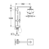 Schéma colonne de douche Grohe, type thermostatique, couleur chromé, dimensions détaillées.