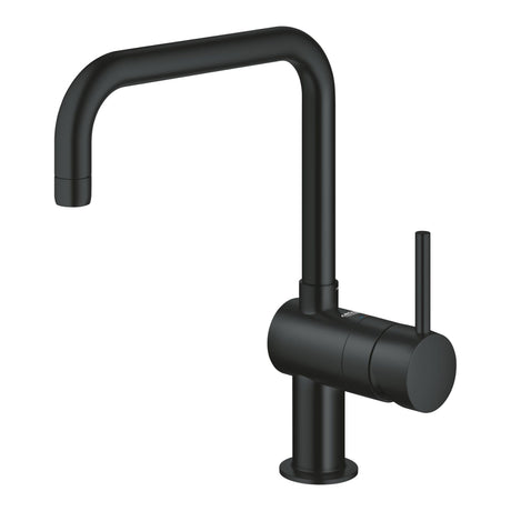 Mitigeur Grohe, robinet de cuisine noir, design moderne, bec pivotant.