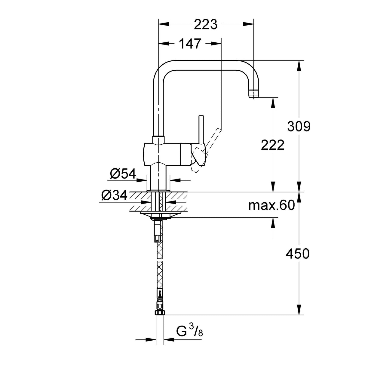 Mitigeur de cuisine Grohe, robinet chromé, schéma technique avec dimensions détaillées