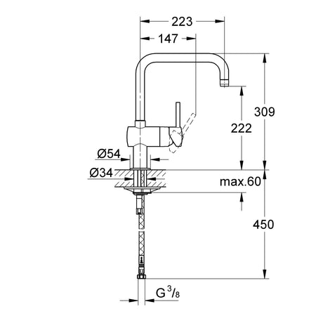 Mitigeur de cuisine Grohe, robinet chromé, schéma technique avec dimensions détaillées