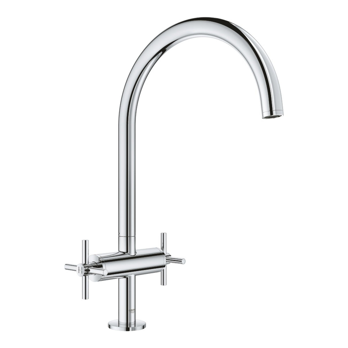 Mitigeur Grohe, robinet de cuisine chromé, design moderne, couleur argentée.