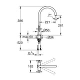 Schéma technique robinet Grohe, mitigeur cuisine, couleur chrome, avec dimensions détaillées