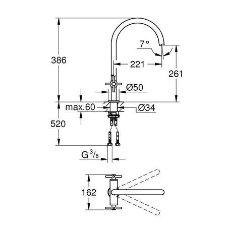 Schéma technique robinet Grohe, mitigeur cuisine, couleur chrome, avec dimensions détaillées
