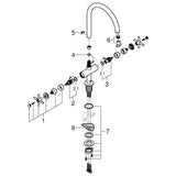 Schéma éclaté robinet Grohe, mitigeur de cuisine, couleur chrome, pièces détachées visibles.