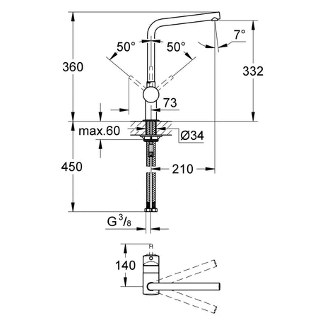 Schéma technique du mitigeur Grohe, robinetterie chromée pour évier, dimensions et angles détaillés.