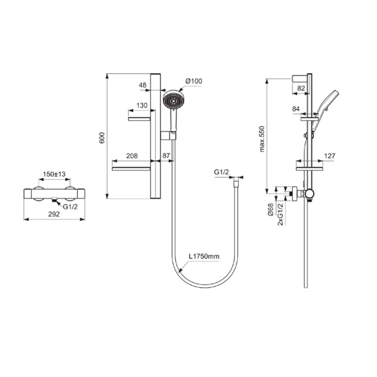 Set de douche avec mitigeur thermostatique, barre 60cm et douchette Ø10cm 2 jets CERATHERM ALU+