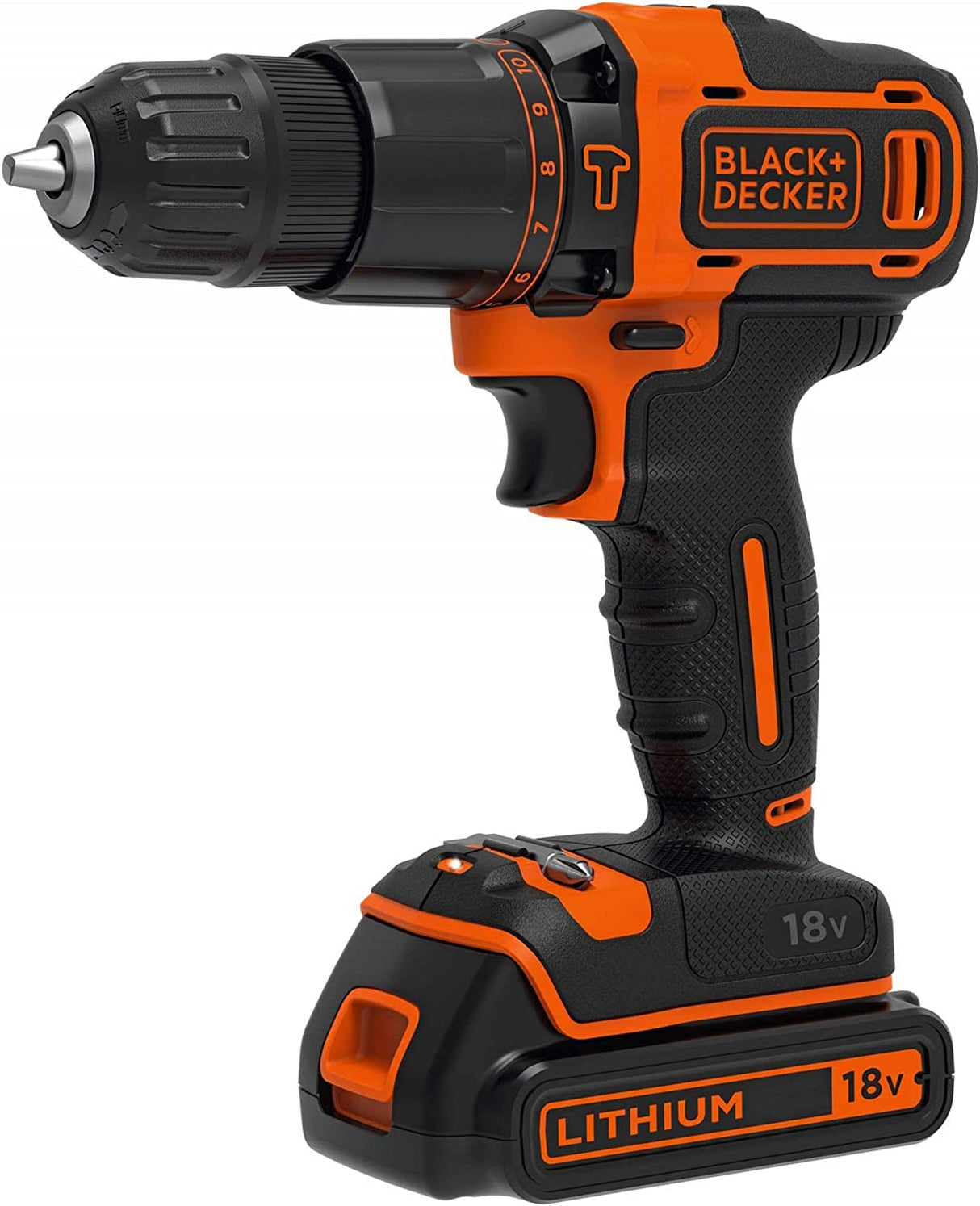 Perceuse sans fil BLACK+DECKER, couleur noire et orange, 18V, outil électroportatif.
