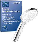 Pommeau de douche Duravit, chromé, trois types de jets, couleur argentée.