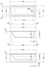Baignoire blanche Grohe, plans et dimensions détaillées, produit sanitaire en acier émaillé.