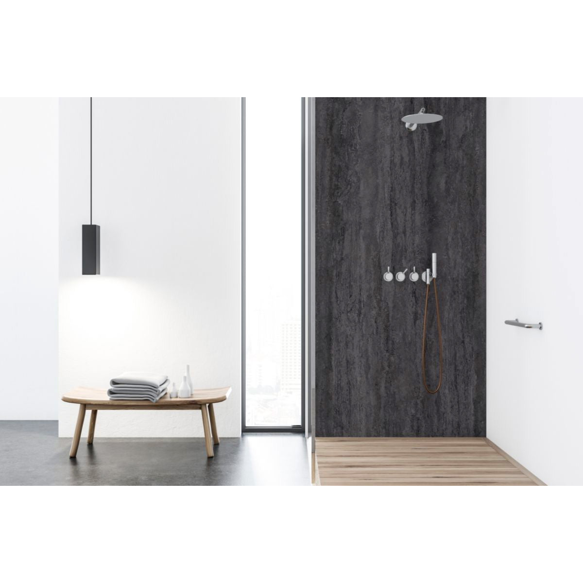 Douche Grohe, mitigeur moderne, couleur chromé, fond mural noir élégant.