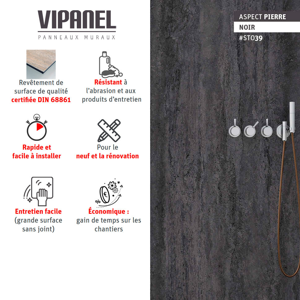 Panneau mural VIPANEL, type aspect pierre, couleur noir, design moderne, douche visible.