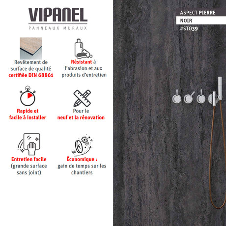 Panneau mural VIPANEL, type aspect pierre, couleur noir, design moderne, douche visible.