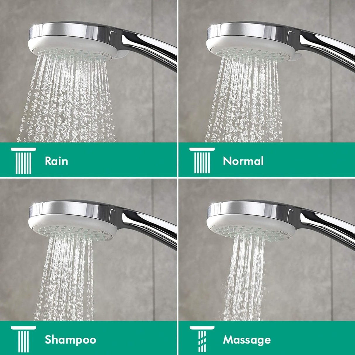 Pommeau de douche Grohe, chromé, quatre jets : pluie, normal, shampooing, massage.