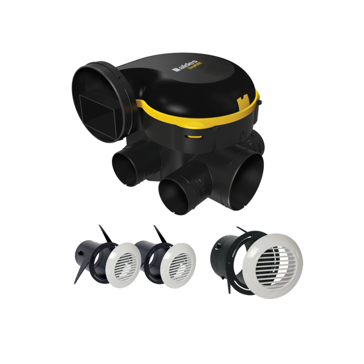 VMC simple flux ALDES EasyHOME Auto Comble avec 3 grilles BIP pour ventilation efficace dans la maison.