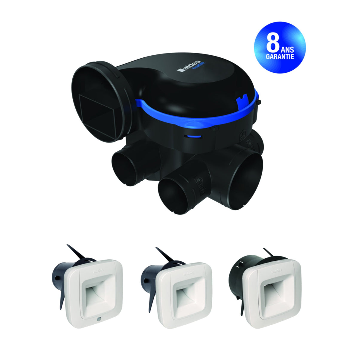 Kit VMC simple flux ALDES EasyHOME Hygroréglable Classic avec 3 bouches, système de ventilation silencieux et efficace.