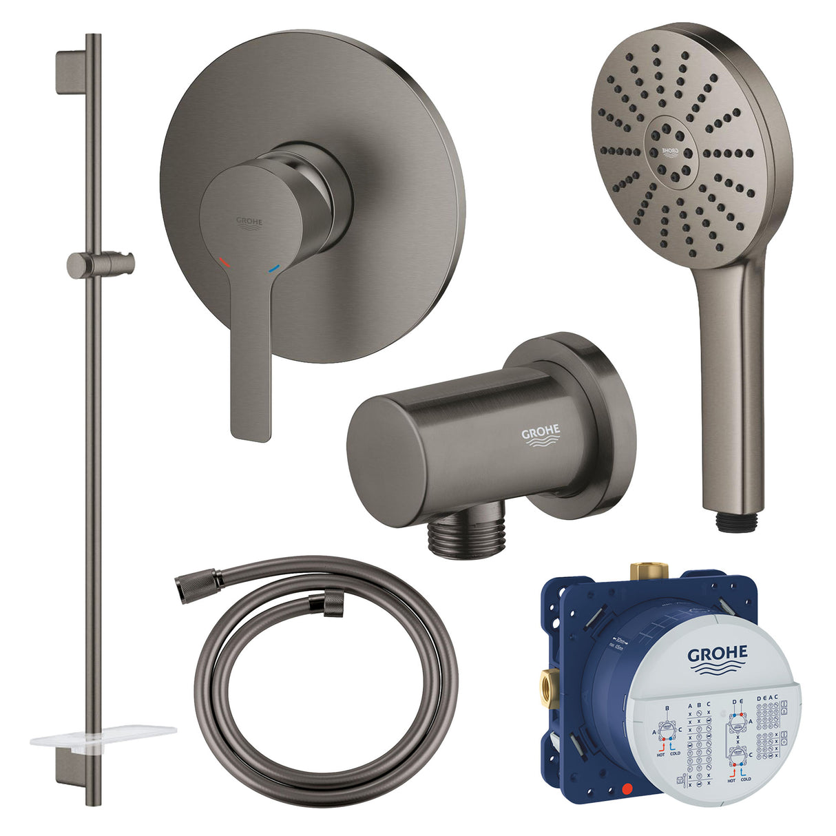 GROHE Pack douche encastré avec mitigeur monocommande + douchette + barre de douche + flexible + coude