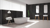 Salle de bain moderne avec panneau mural Vipanel, type décoratif, couleur pierre noire, ambiance élégante.