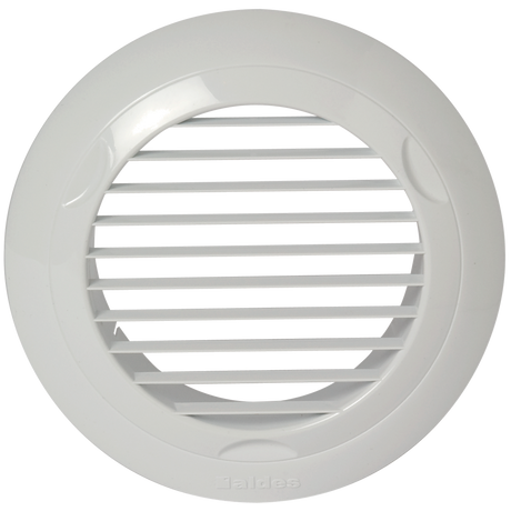 Grille de ventilation blanche Aldes, ronde et à lamelles horizontales.