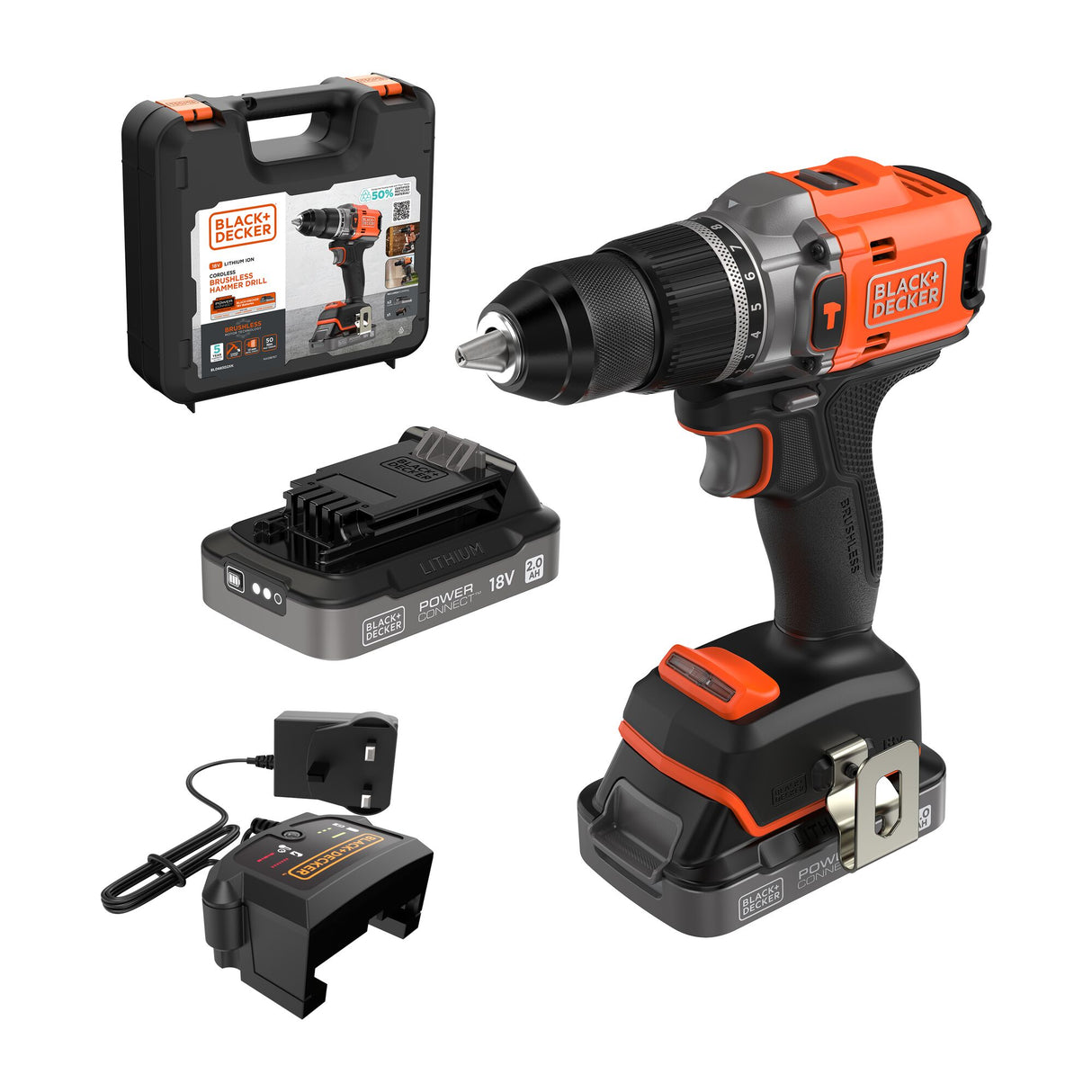 Perceuse visseuse à percussion BLACK+DECKER 18V brushless avec 2 batteries 2Ah, en mallette, design éco-responsable.