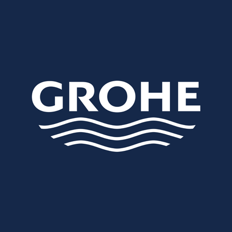 Logo de la marque Grohe, type logo, couleur bleu marine et blanc.