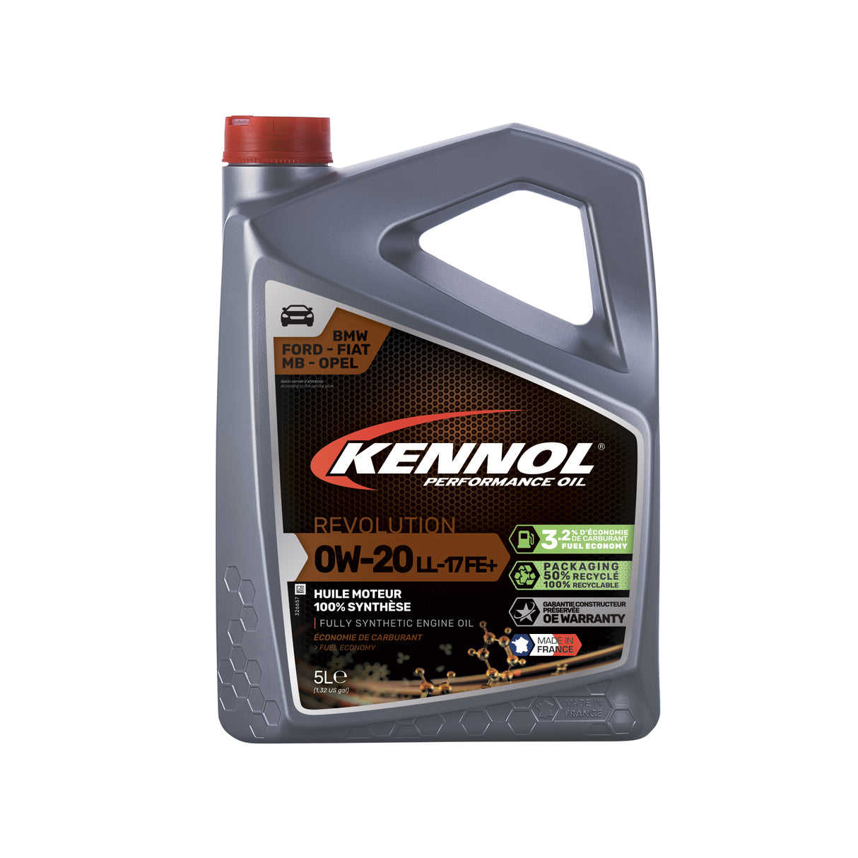 Bidon gris de 5L d'huile moteur synthétique KENNOL Revolution 0W-20 LL-17 FE+