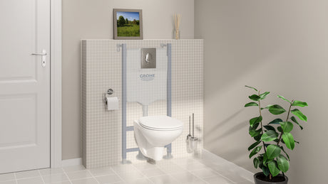 Bâti-support WC Grohe, structure encastrable, couleur blanc, dans salle de bain moderne.