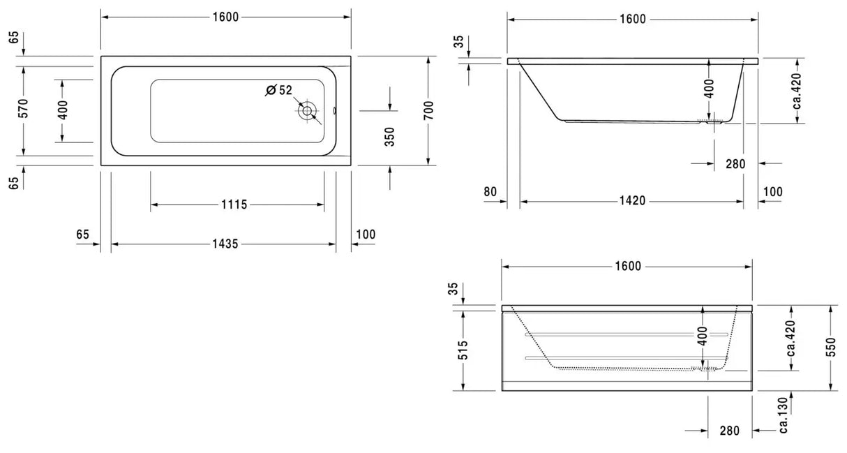 Plan technique baignoire Grohe blanche avec dimensions détaillées, produit sanitaire