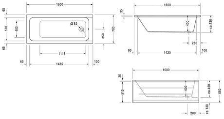 Plan technique baignoire Grohe blanche avec dimensions détaillées, produit sanitaire