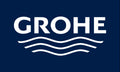 Logo de la marque Grohe, produit sanitaire, couleur bleu et blanc, avec vagues stylisées.