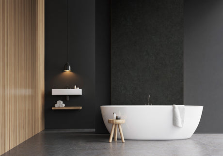 VIPANEL panneau mural, type alu composite, couleur ardoise noire, dans salle de bain moderne