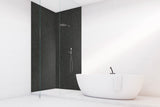 Panneau mural VIPANEL en alu composite aspect pierre ardoise noire, salle de bain moderne.