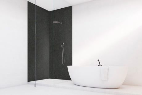 Panneau mural VIPANEL en alu composite aspect pierre ardoise noire, salle de bain moderne.