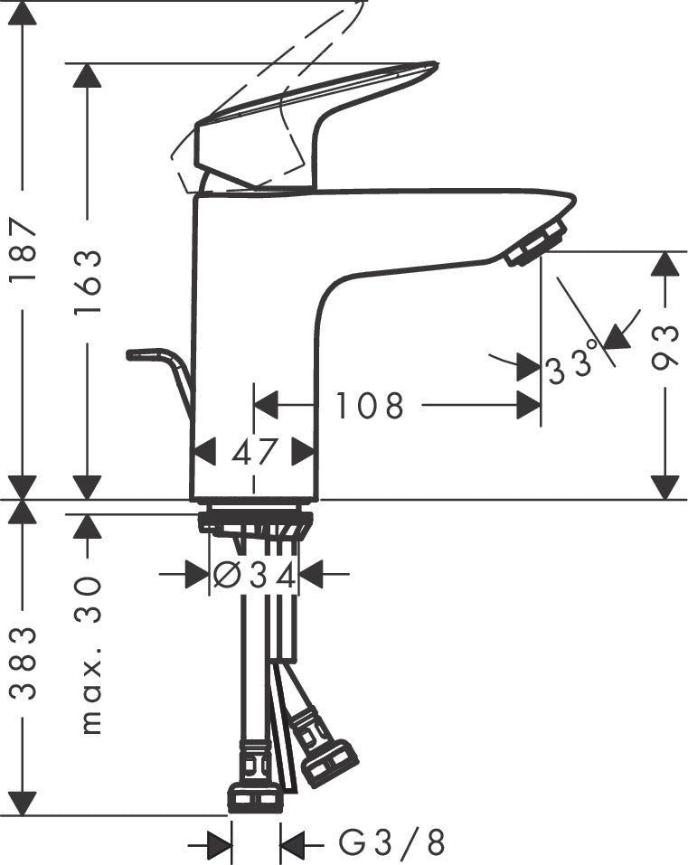 Mitigeur lavabo chromé Grohe, schéma technique avec dimensions détaillées.