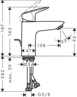 Mitigeur lavabo chromé Grohe, schéma technique avec dimensions détaillées.