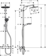 Douche colonne Grohe chromée, schéma technique avec pommeau rond et mitigeur