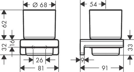Porte-gobelet Grohe mural, verre transparent, plan avec cotes précises.