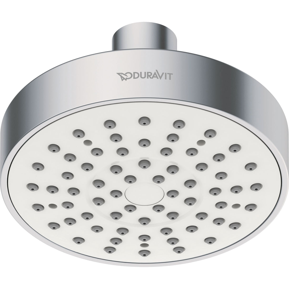 Pommeau de douche Duravit rond, couleur chrome, avec buses grises, marque visible.