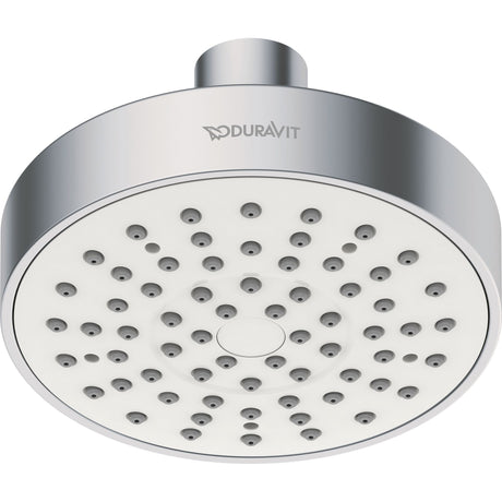 Pommeau de douche Duravit rond, couleur chrome, avec buses grises, marque visible.
