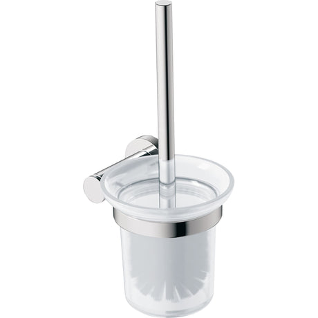 Brosse WC murale Grohe, porte-brosse chromé, verre et métal argenté.